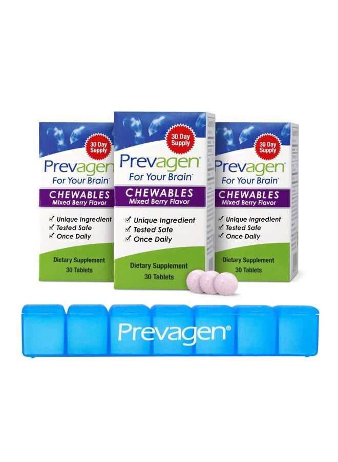 Prevagen حبوب توت مختلطة بقوة عادية - 90 قرص (إمداد لمدة 3 أشهر) | مصممة من أجل دماغك | 10 ملغ من أبوأكوورين بالإضافة إلى فيتامين D3 مع منبه حبوب لمدة 7 أيام - Image 1