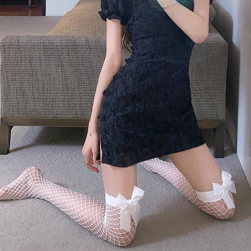 Women Sexy Fishnet Stockings Bow Lace Hollow Out Body Stockings Thigh High Over Knee Nylon Long Socks Hosiery Lolita Stockings - Image 4