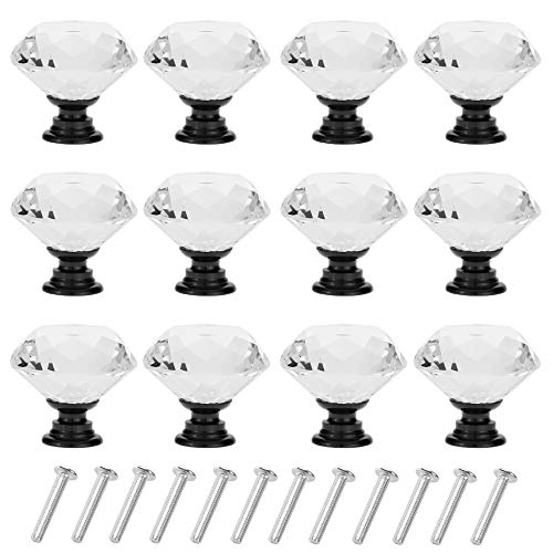 YourGift 12 Pack Drawer Knobs Diamond Shaped Crystal Glass 30mm Cabinet Knobs Pull Handles (Black) - Image 1