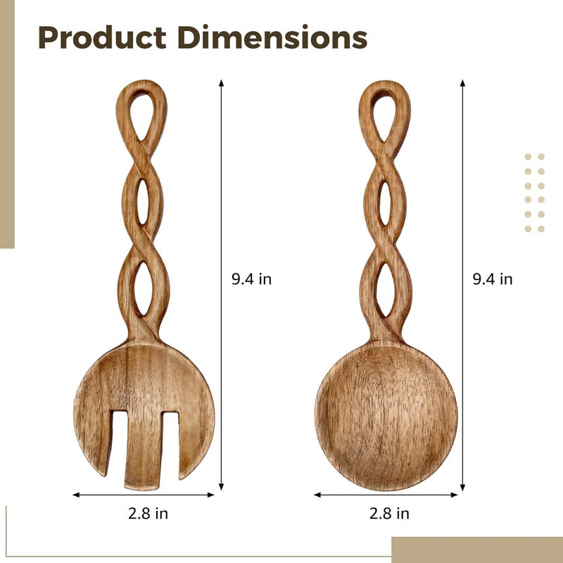 Wooden Salad Tongs 2 Pcs Acacia Wood Spoon And Fork Set With Handles, For Serving, Stylish Utensils - Image 3
