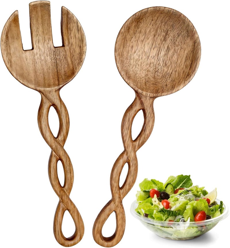 Wooden Salad Tongs 2 Pcs Acacia Wood Spoon And Fork Set With Handles, For Serving, Stylish Utensils - Image 1
