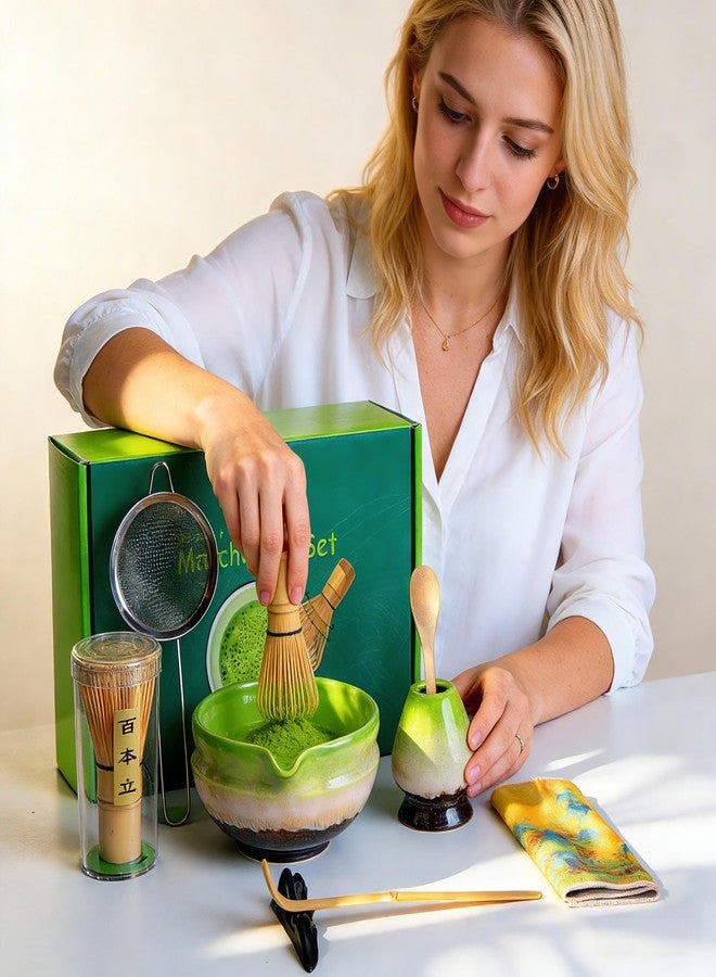 ANTETOKO Matcha Whisk Set,8 Pcs Matcha Kit Includes Matcha Bowl with Spout,Matcha Whisk Holder,Bamboo with Ceramic Holder,Bamboo Scoop and Rest,Sifter,Tea Towel for Ceremony Matcha Lovers Gift (Green) - Image 5