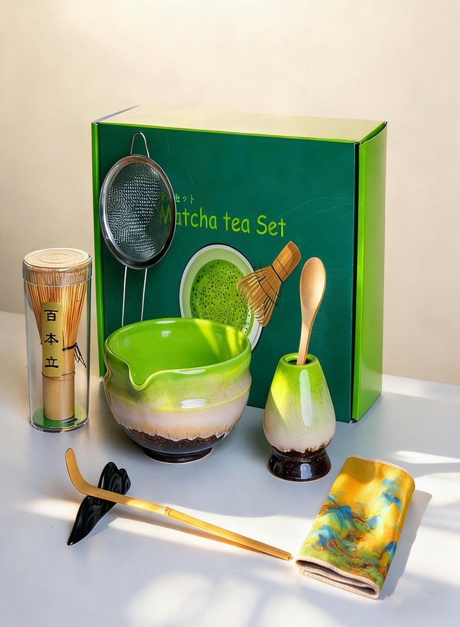 ANTETOKO Matcha Whisk Set,8 Pcs Matcha Kit Includes Matcha Bowl with Spout,Matcha Whisk Holder,Bamboo with Ceramic Holder,Bamboo Scoop and Rest,Sifter,Tea Towel for Ceremony Matcha Lovers Gift (Green) - Image 1