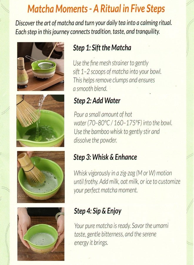 ANTETOKO Matcha Whisk Set,8 Pcs Matcha Kit Includes Matcha Bowl with Spout,Matcha Whisk Holder,Bamboo with Ceramic Holder,Bamboo Scoop and Rest,Sifter,Tea Towel for Ceremony Matcha Lovers Gift (Green) - Image 4