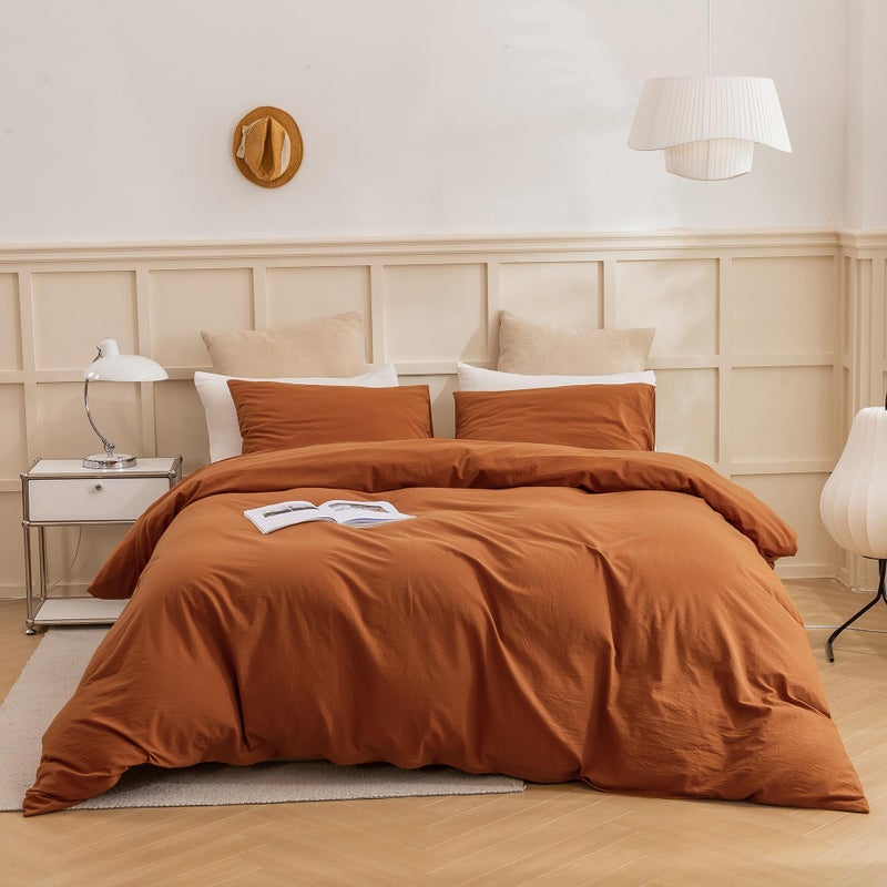 ECOCOTT ECOCOTT Brown Duvet Cover Queen Size 3 Piece 100 Washed Cotton 1 Duvet Cover with Zipper and 2 Pillowcases Ultra Soft and Easy Care Breathable Cozy Bedding SetBrownQueen