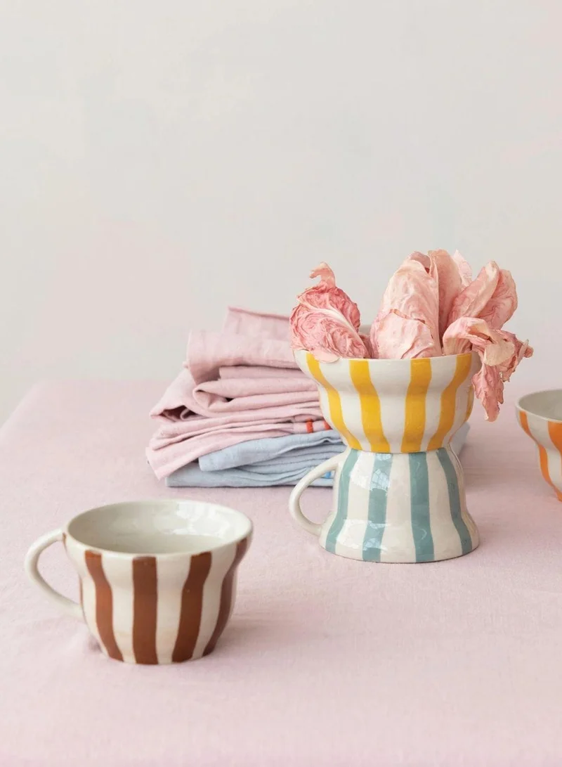 The Saffron Souk 8 oz. Hand-Painted Stoneware Striped Mug - Yellow