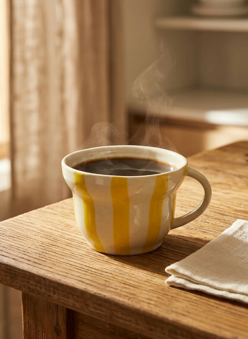 سوق الزعفران كوب فخاري مرسوم يدويًا بخطوط باللون الأصفر (سعة 8 أونصات)