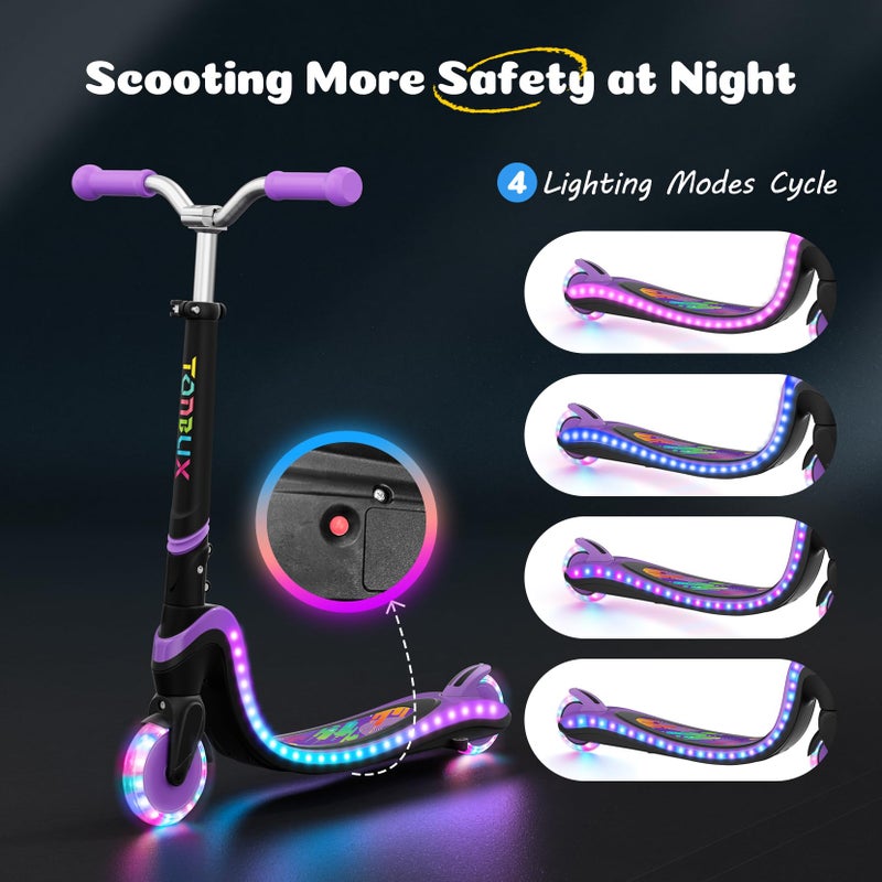 TONBUX 2 Wheels Kick Scooter, Scooter for Kids with Light-Up Wheels & Deck, Adjustable Heights 2 Wheel Scooters for Kids 5-7,Toddler Scooters with 4 Lighting Mode Deck (Black+Purple) - Image 3
