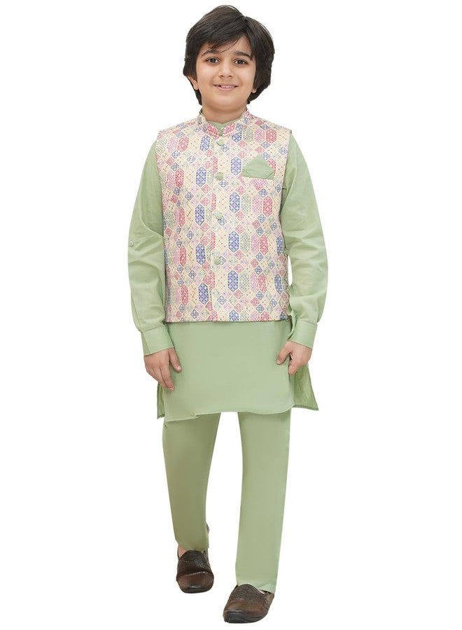 AJ DEZINES Kids Cotton Full Sleeve Abstract Pista Kurta Pajama & Waistcoat Set for Boys - Ethnic wear | Special Occasion & Party Outfit | Mandarin Collar Waistcoat for boys (546-PISTA-2) - Image 1