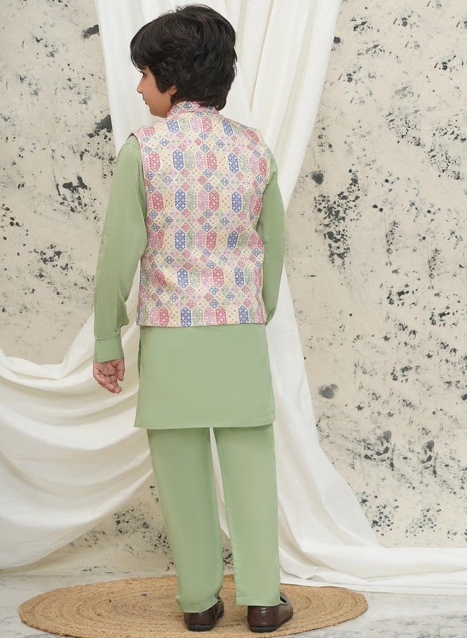 AJ DEZINES Kids Cotton Full Sleeve Abstract Pista Kurta Pajama & Waistcoat Set for Boys - Ethnic wear | Special Occasion & Party Outfit | Mandarin Collar Waistcoat for boys (546-PISTA-2) - Image 2