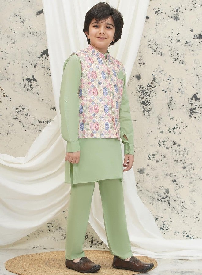 AJ DEZINES Kids Cotton Full Sleeve Abstract Pista Kurta Pajama & Waistcoat Set for Boys - Ethnic wear | Special Occasion & Party Outfit | Mandarin Collar Waistcoat for boys (546-PISTA-2) - Image 5