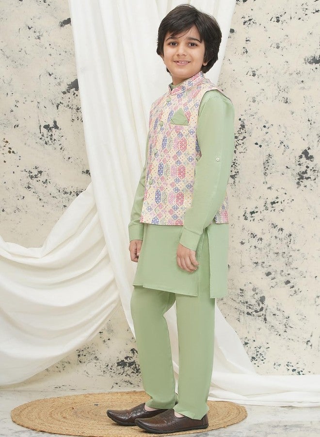 AJ DEZINES Kids Cotton Full Sleeve Abstract Pista Kurta Pajama & Waistcoat Set for Boys - Ethnic wear | Special Occasion & Party Outfit | Mandarin Collar Waistcoat for boys (546-PISTA-2) - Image 4