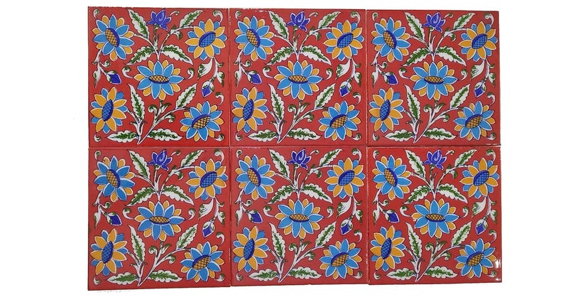 Shiv Kripa Blue Pottery Shiv Kripa Blue Pottery Ceramic Handmade Tiles 4 x 4inch Multicolour Pack of 6 