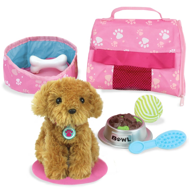Sophia's Golden Plush Puppy Dog and Accessories Set with Leash, Food Bowl, Brush, Ball, Bone, Bed, Blanket, and Carrier Sized for 18" Dolls, Multicolor - Image 1