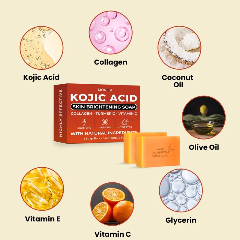 MONIER Kojic Acid Soap Dark Spot Remover Soap Bars with Collagen Turmeric Coconut Oil Vitamin C Vitamin E Moisturizing Nourishing Original Japanese Complex - Image 5