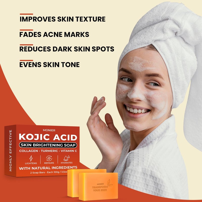 MONIER Kojic Acid Soap Dark Spot Remover Soap Bars with Collagen Turmeric Coconut Oil Vitamin C Vitamin E Moisturizing Nourishing Original Japanese Complex - Image 4