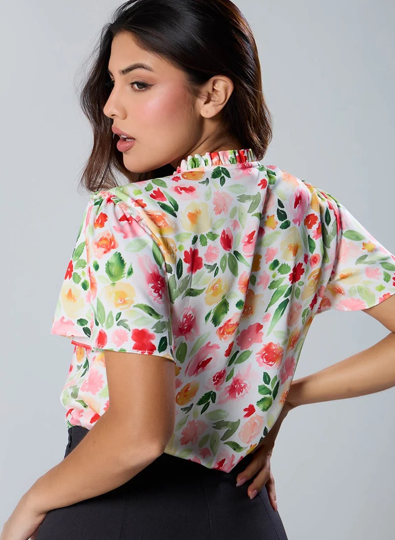 Zigzag Sleeve Flared Printed Satin Top