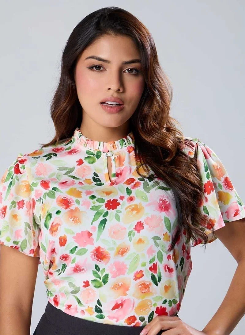 Zigzag Sleeve Flared Printed Satin Top