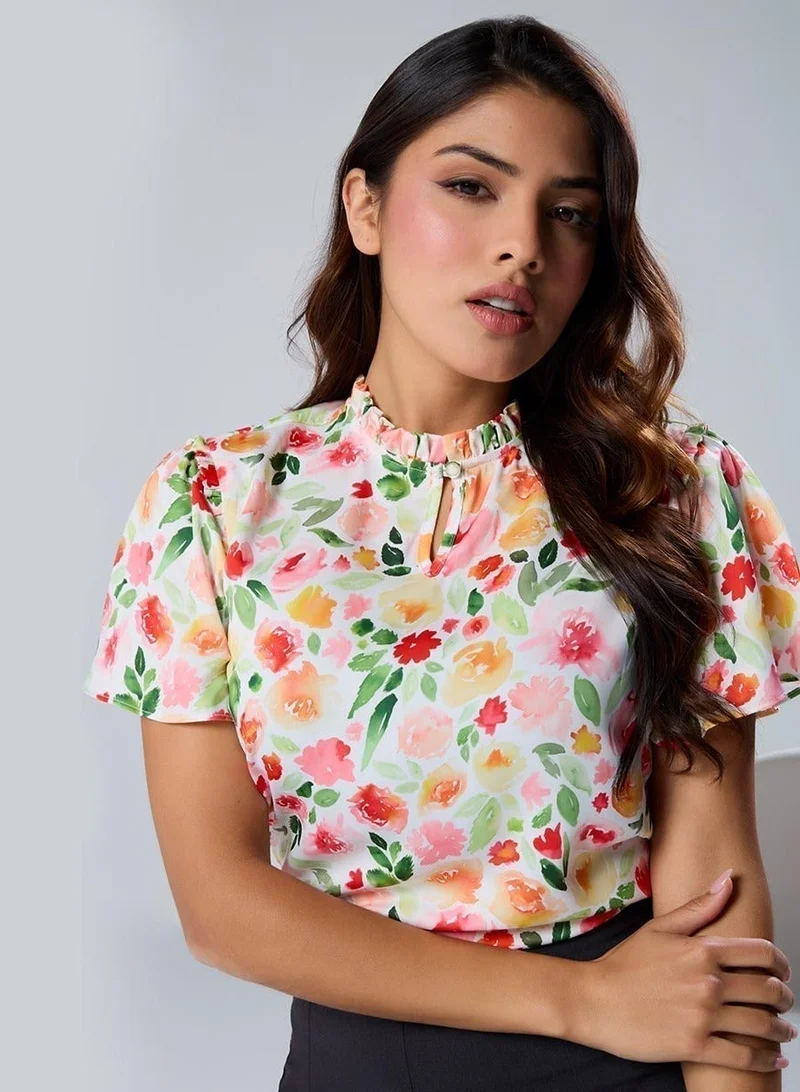 Zigzag Sleeve Flared Printed Satin Top