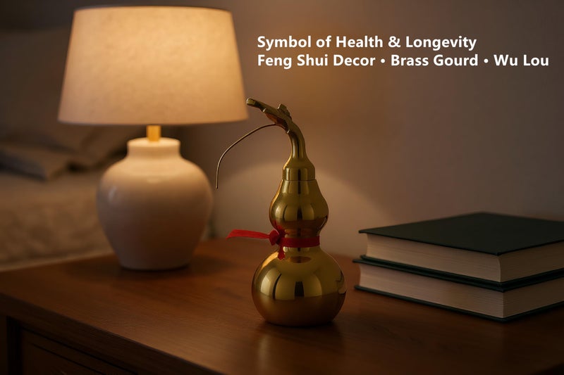 I-MART 4 Inch Brass Feng Shui Gourd Wu Lou Hu Lu Chinese Decor Symbol of Health Longevity and Prosperity, Oriental Good Luck Decorations for Home Office Feng Shui Decor - Image 5