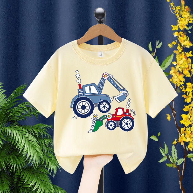 Boys Short-sleeved T-shirt 2025 Digger Cartoon Printing Children's Summer Middle and Large Children's Pure Cotton Boys Casual Top - Image 1