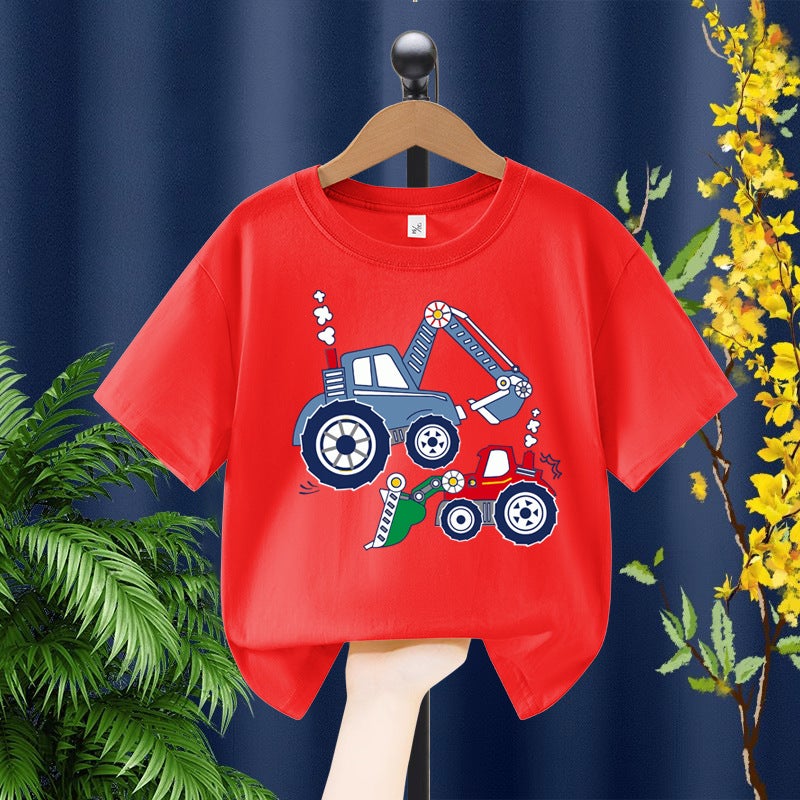 Boys Short-sleeved T-shirt 2025 Digger Cartoon Printing Children's Summer Middle and Large Children's Pure Cotton Boys Casual Top - Image 3