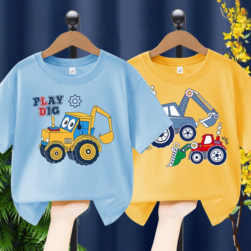 Boys Short-sleeved T-shirt 2025 Digger Cartoon Printing Children's Summer Middle and Large Children's Pure Cotton Boys Casual Top - Image 2