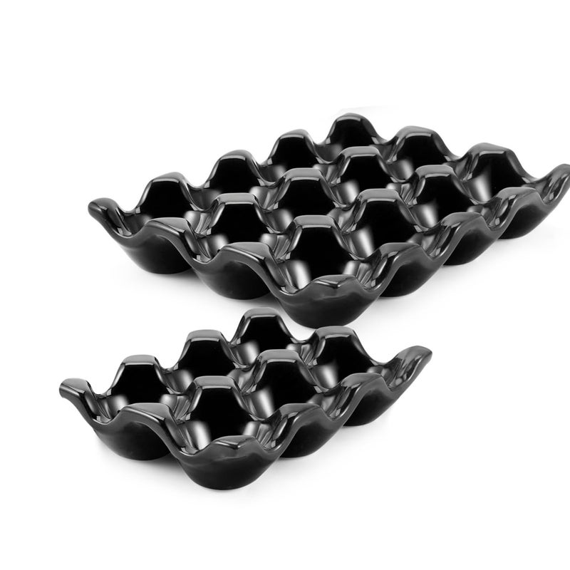 Flexzion 12  6 Cups Ceramic Egg Holder for Fridge  18 Porcelain Egg Tray Container Keeper Storage Organizer Decorative Serving Stand Serveware for Refrigerator Countertop Display Kitchen Black