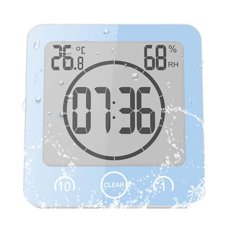 ALLOMN Digital Bathroom Clock LCD Digital Bathroom Shower Kitchen Clock Timer with Alarm Waterproof Visual Countdown Timer with Indoor Temperature Humidity Suction Cup Hole Stand Blue