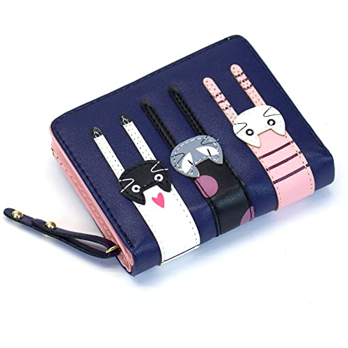 Valentoria® Birthday Gifts for Women's Mini Faux Leather Bifold 3 Cat Design Clutch Wallet (Navy Blue) - Image 3
