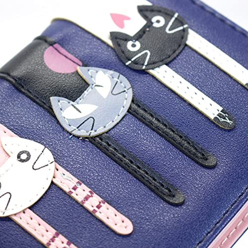 Valentoria® Birthday Gifts for Women's Mini Faux Leather Bifold 3 Cat Design Clutch Wallet (Navy Blue) - Image 4
