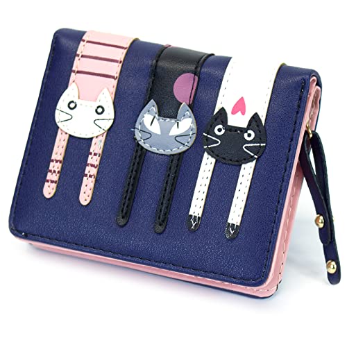 Valentoria® Birthday Gifts for Women's Mini Faux Leather Bifold 3 Cat Design Clutch Wallet (Navy Blue) - Image 1