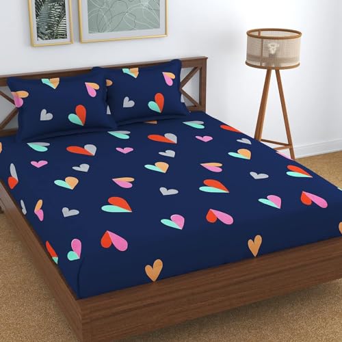 KAWI Elastic Floral Fitted Bedsheets(60"X78")Queen Size Glace Cotton For Double Bed With All Around Elastic,2 Large Pillow Cover,200TC-Navy Blue Color - Image 1