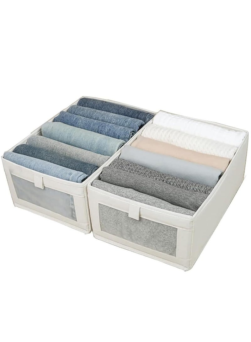 Hihonor Wardrobe Clothes Organizer 7 Grids Foldable Drawer Closet Organizers with Mesh Window and Handle Storage Box for Clothing Jeans Bras Leggings Sweaters 2 Pack Beige - Image 1