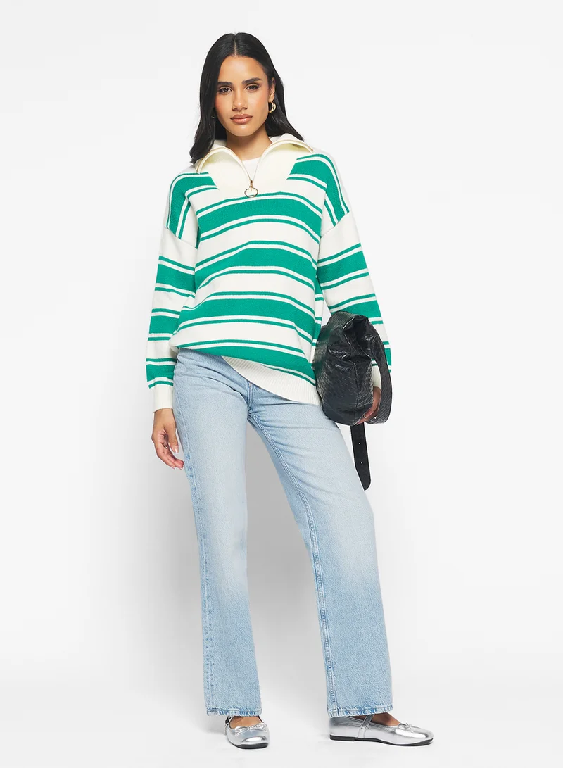 Ginger Half Zip Up Varsity Style Stripe Knitwear