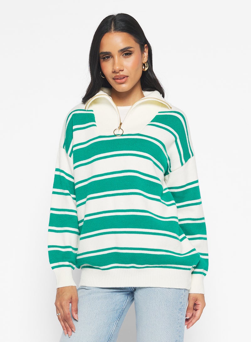 جينجر سترة صوفية بنمط جامعي بسحاب نصفي وخطوط - Image 1