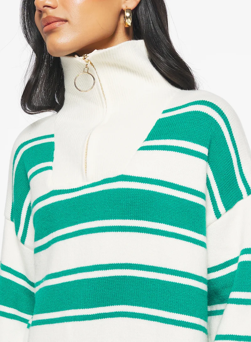 Ginger Half Zip Up Varsity Style Stripe Knitwear