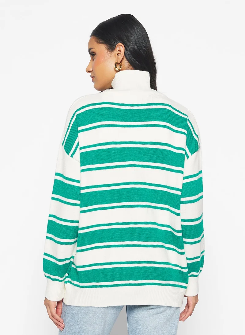 جينجر سترة صوفية بنمط جامعي بسحاب نصفي وخطوط