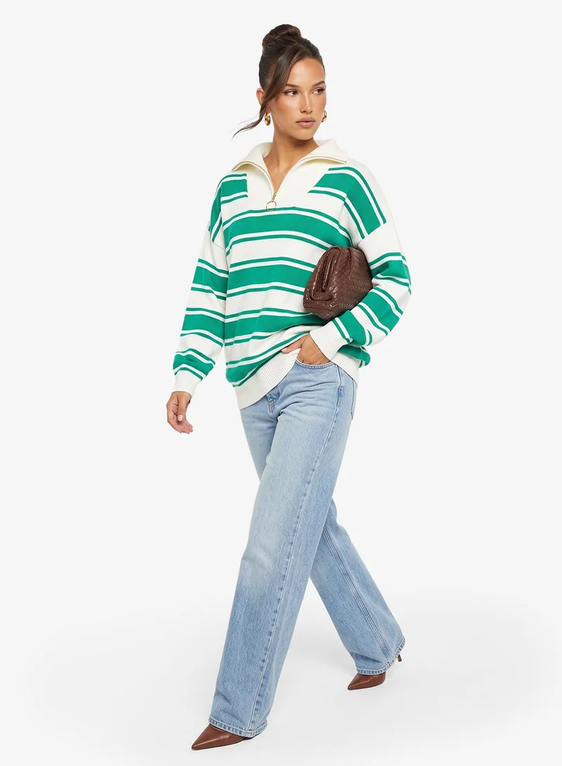 Ginger Half Zip Up Varsity Style Stripe Knitwear