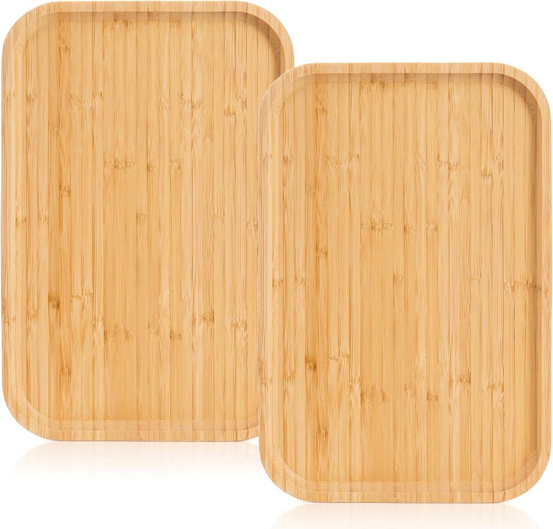 2 Pack Bamboo Tray Cheese Plate, 14x9 Inches Food Serving Saucer Wood Rectangular Platter for Coffee, Tea, Fruit, Plant Pot - Image 1