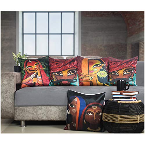 Vendola Rajasthani Satin 250TC Cushion Pillow Covers, Multicolour, Set of 5 (16X16 Inches, Rajasthani Turban) - Image 1