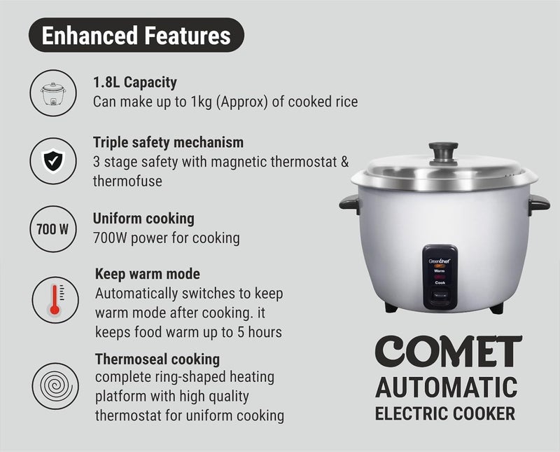 Greenchef STARC Electric Rice Cooker 1.8 Litre Capacity Stainless Steel Single Bowl Automatic Electric Rice Cooker Comet (SS Cooking plate, Measuring Cup, Scoop) - Image 5