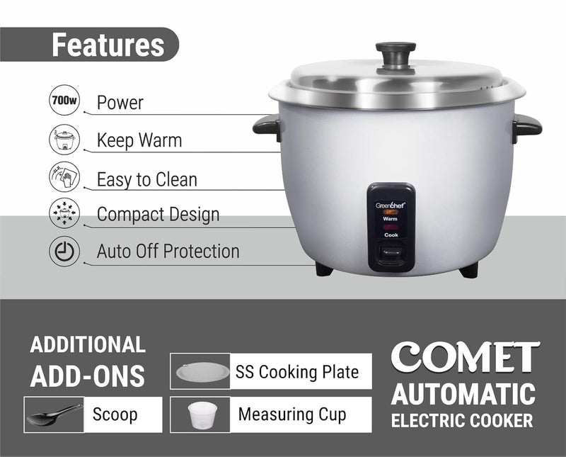 Greenchef STARC Electric Rice Cooker 1.8 Litre Capacity Stainless Steel Single Bowl Automatic Electric Rice Cooker Comet (SS Cooking plate, Measuring Cup, Scoop) - Image 4