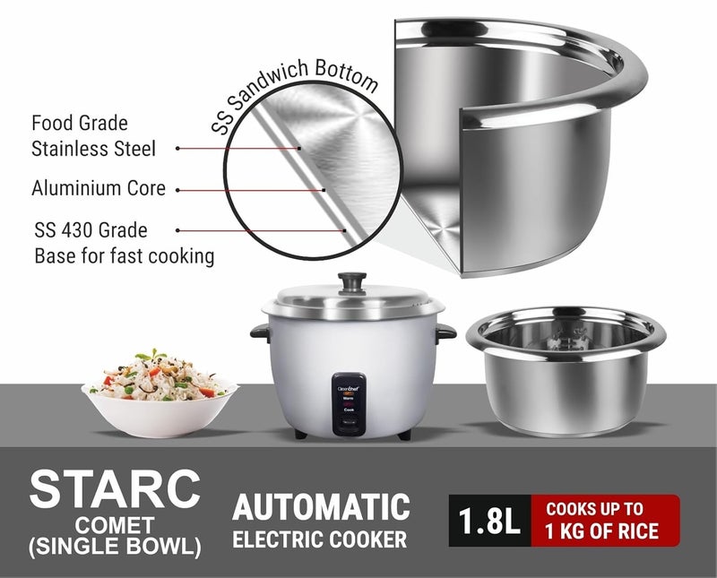Greenchef STARC Electric Rice Cooker 1.8 Litre Capacity Stainless Steel Single Bowl Automatic Electric Rice Cooker Comet (SS Cooking plate, Measuring Cup, Scoop) - Image 3