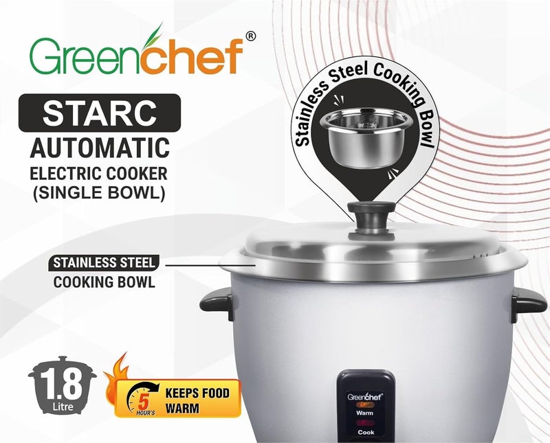 Greenchef STARC Electric Rice Cooker 1.8 Litre Capacity Stainless Steel Single Bowl Automatic Electric Rice Cooker Comet (SS Cooking plate, Measuring Cup, Scoop) - Image 2