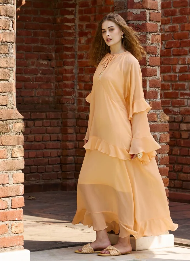 SASSAFRAS Peach Georgette Maxi Dress for Women