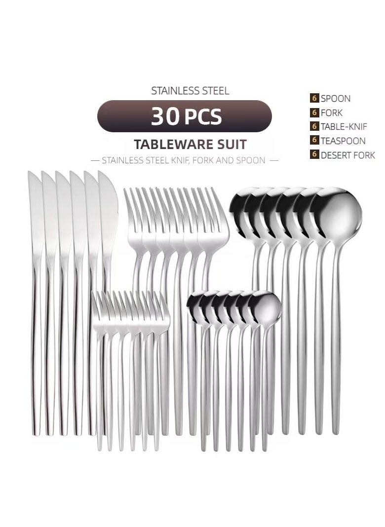 XiuWoo 30-Piece Knife Fork Spoon Full Set Silver  - Image 1