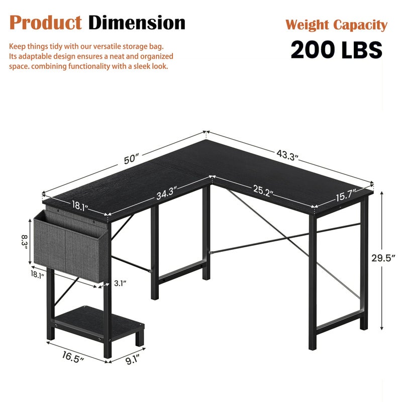 Alpen L Shaped Desk, 50 Inch Computer Desk, Gaming Table Corner Desk for Small Space, Home Office Desk with CPU Stand and Side Storage Bag, Sturdy Writing Workstation for Bedroom, Black - Image 2