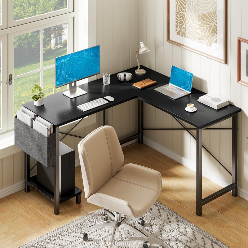 Alpen L Shaped Desk, 50 Inch Computer Desk, Gaming Table Corner Desk for Small Space, Home Office Desk with CPU Stand and Side Storage Bag, Sturdy Writing Workstation for Bedroom, Black - Image 1