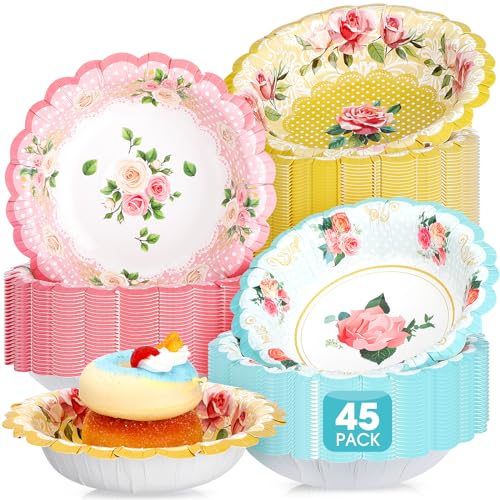 Domensi 45 Pcs Tea Party Paper Bowls 12oz Floral Vintage Soup Bowl Pink Blue Yellow Flower Disposable Food Bowls for Tea Party Wedding Mom Birthday Baby Shower Spring Holiday - Image 1